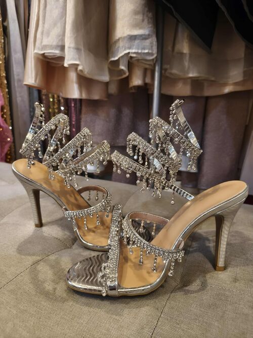 Silver Crystal Wrap Round Heels