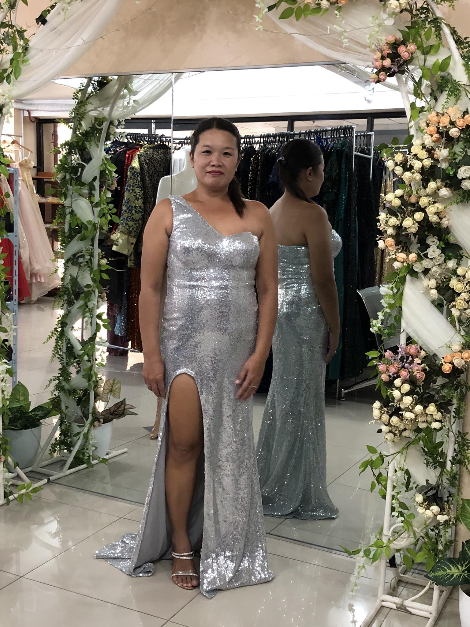 One Shoulder Small Silver sequins Slit Long Gown