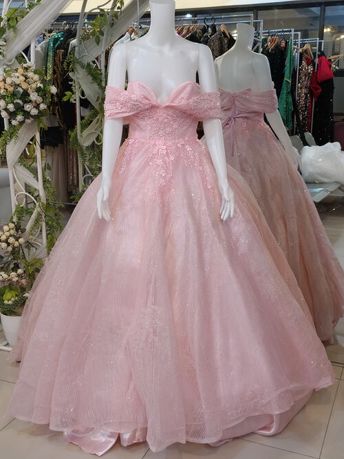 Pastel Pink Off shoulder Glittery Ball Gown