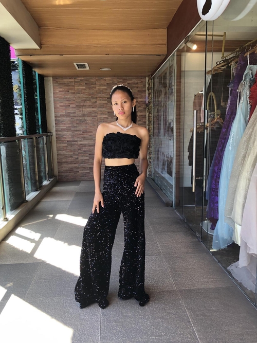 Black Flower Tube with Wide Leg Pants 