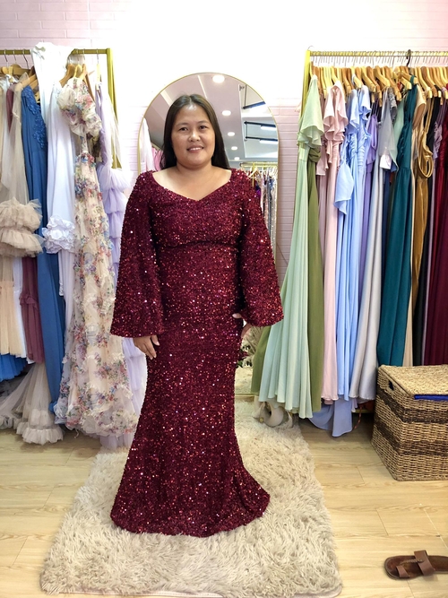 Plus Size Maroon Burgundy Longsleeves Glittery Sequins Long Gown