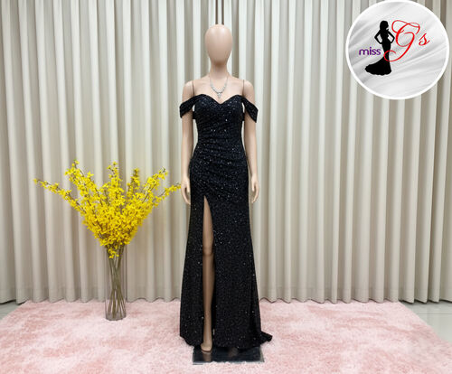 Black Offshoulder Black Big Sequins Long Gown
