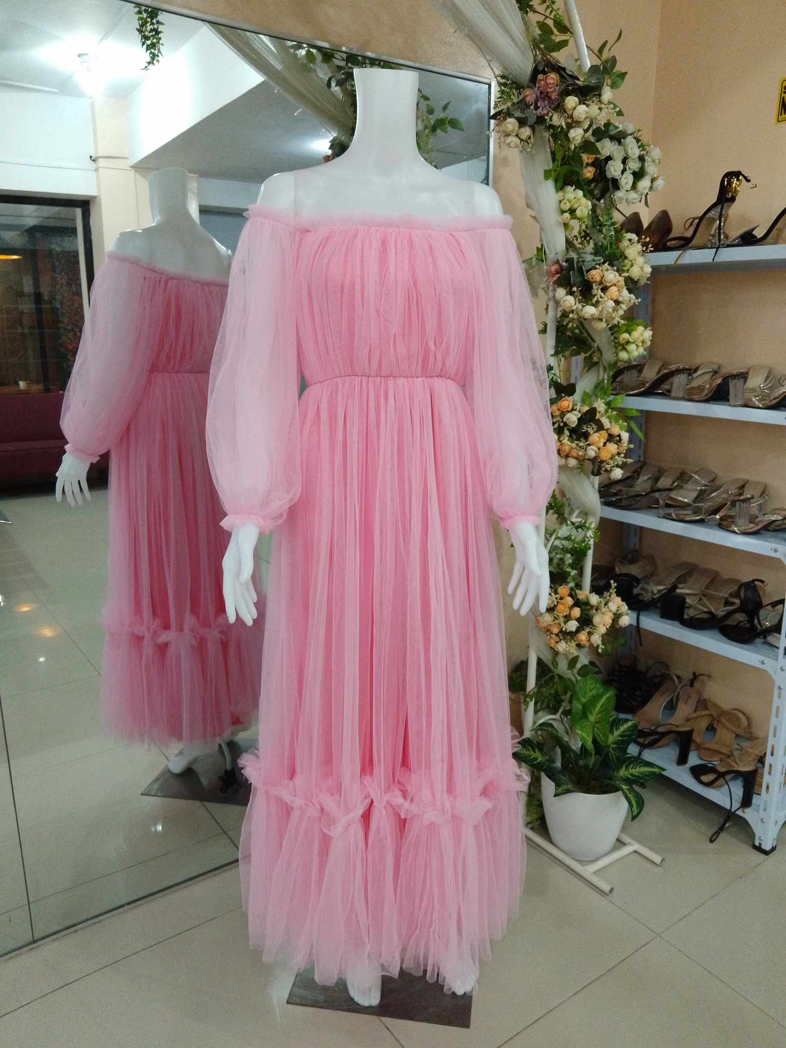 Blush Pink Offshoulder Longsleeves Robe Boho Tulle Gown