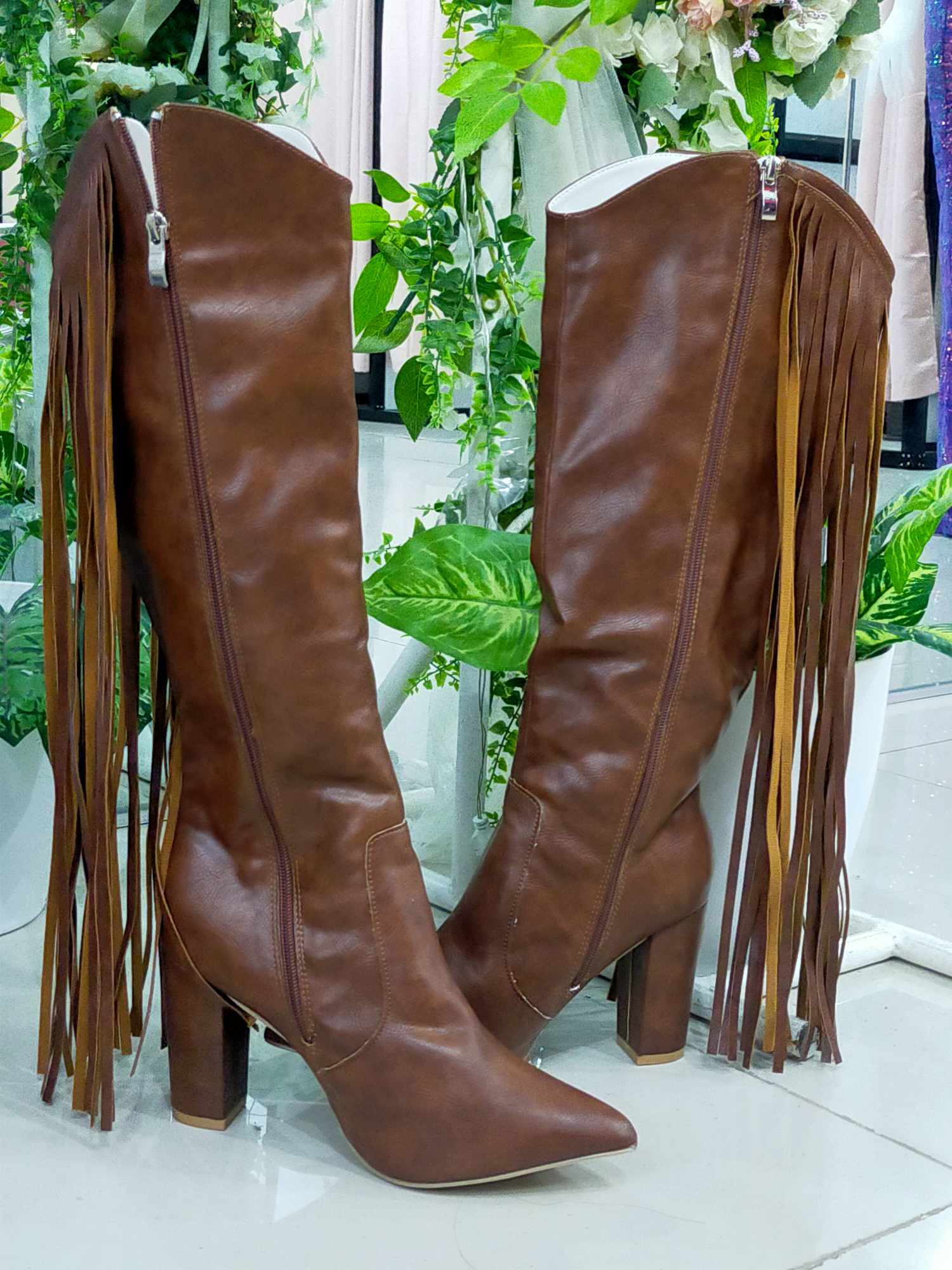 Womens Brown Leather Zipper High Heel Boots