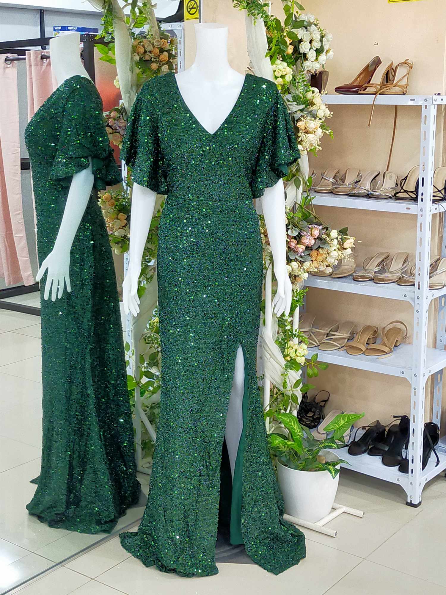 Plus Size Green Butterfly Sleeves Sequins Glittery Gown