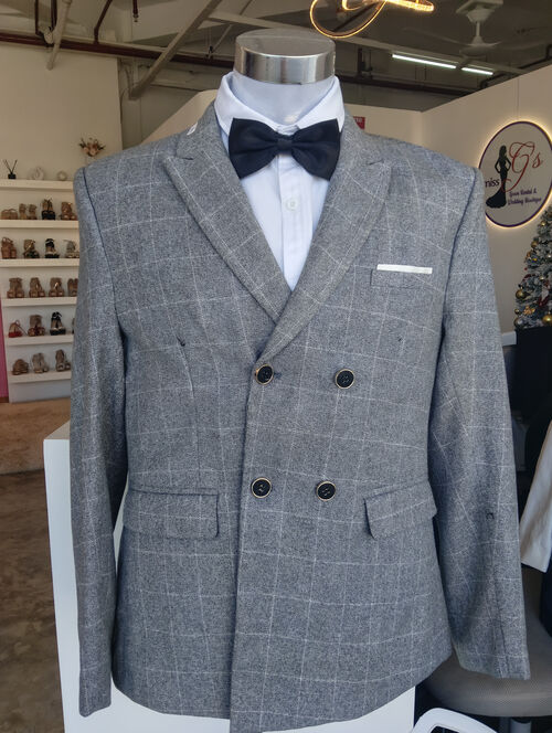 Grey Plaid Double Breasted with White Pocket Suit Set