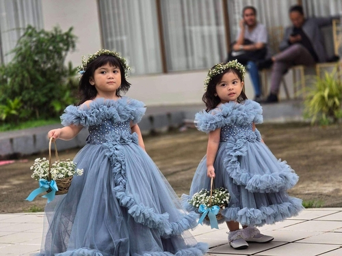  Light Dusty Blue Puffy Flower Girl Dress Gown Bow Kids Clothes