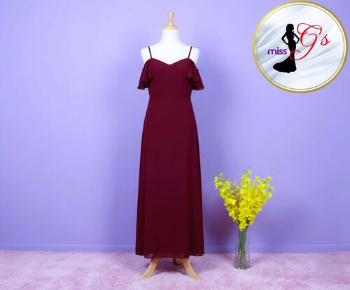 Maroon Off Shoulder Spag Chiffon Slit Bridesmaid Gown