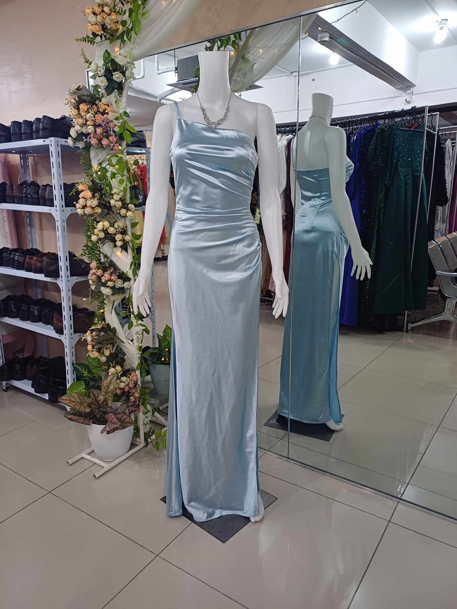 Powder Blue  Silver One Shoulder Sleeveless Slit Satin Gown