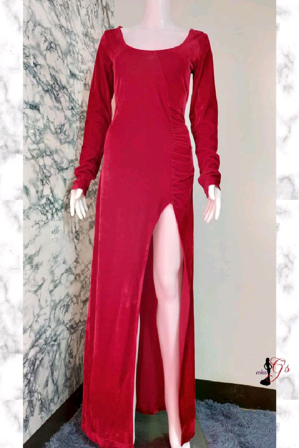 Red Velvet Longsleeves Slit Gown