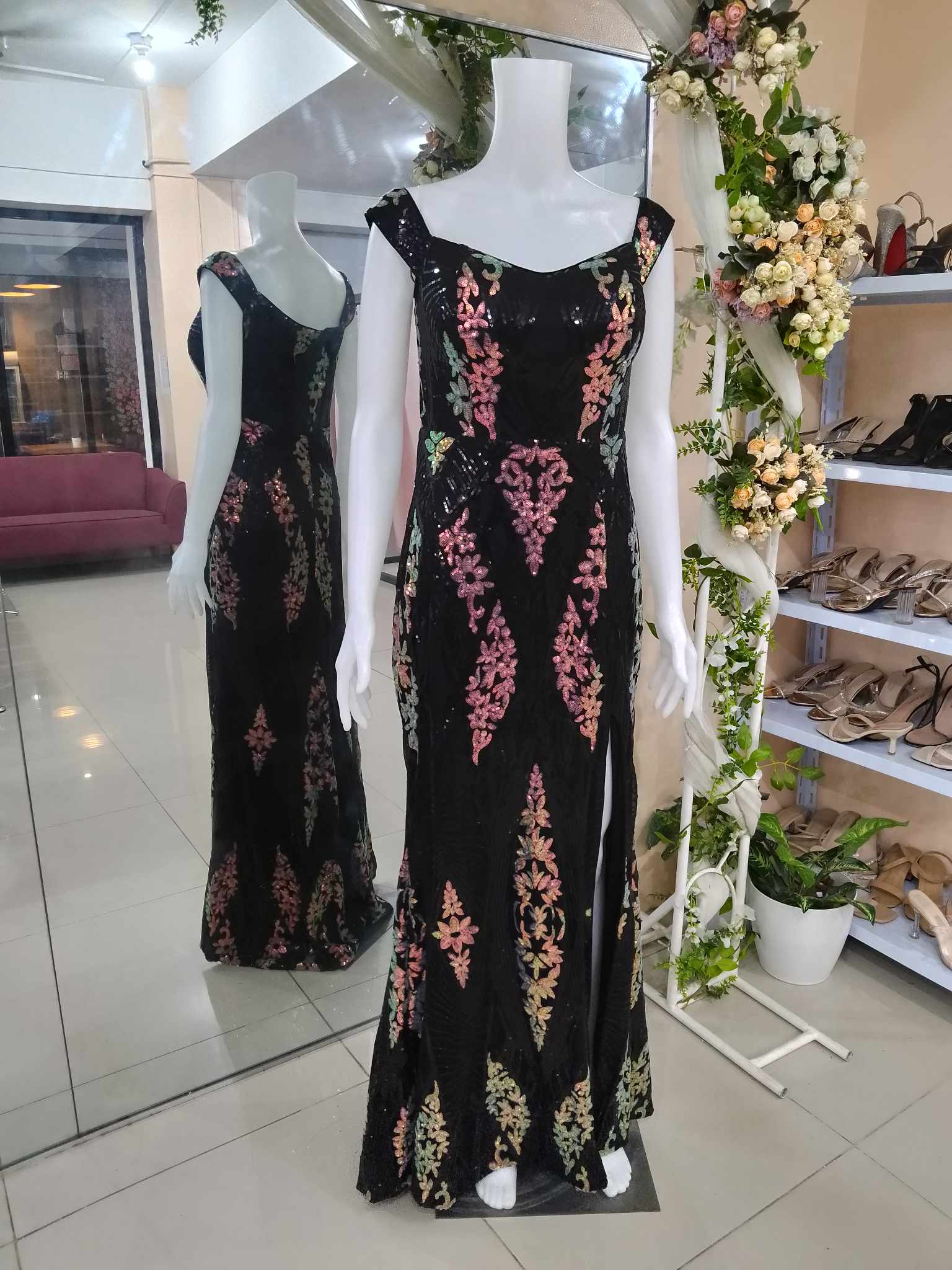 Multicolor Sequins Glittery Offshoulder Slit Gown