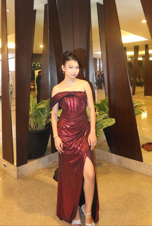 Deep Red Corset Chest Ruched Fabric Long  Gown