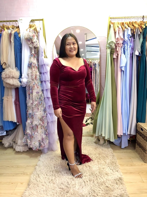 Red Velvet Longsleeves With Slit Long Gown