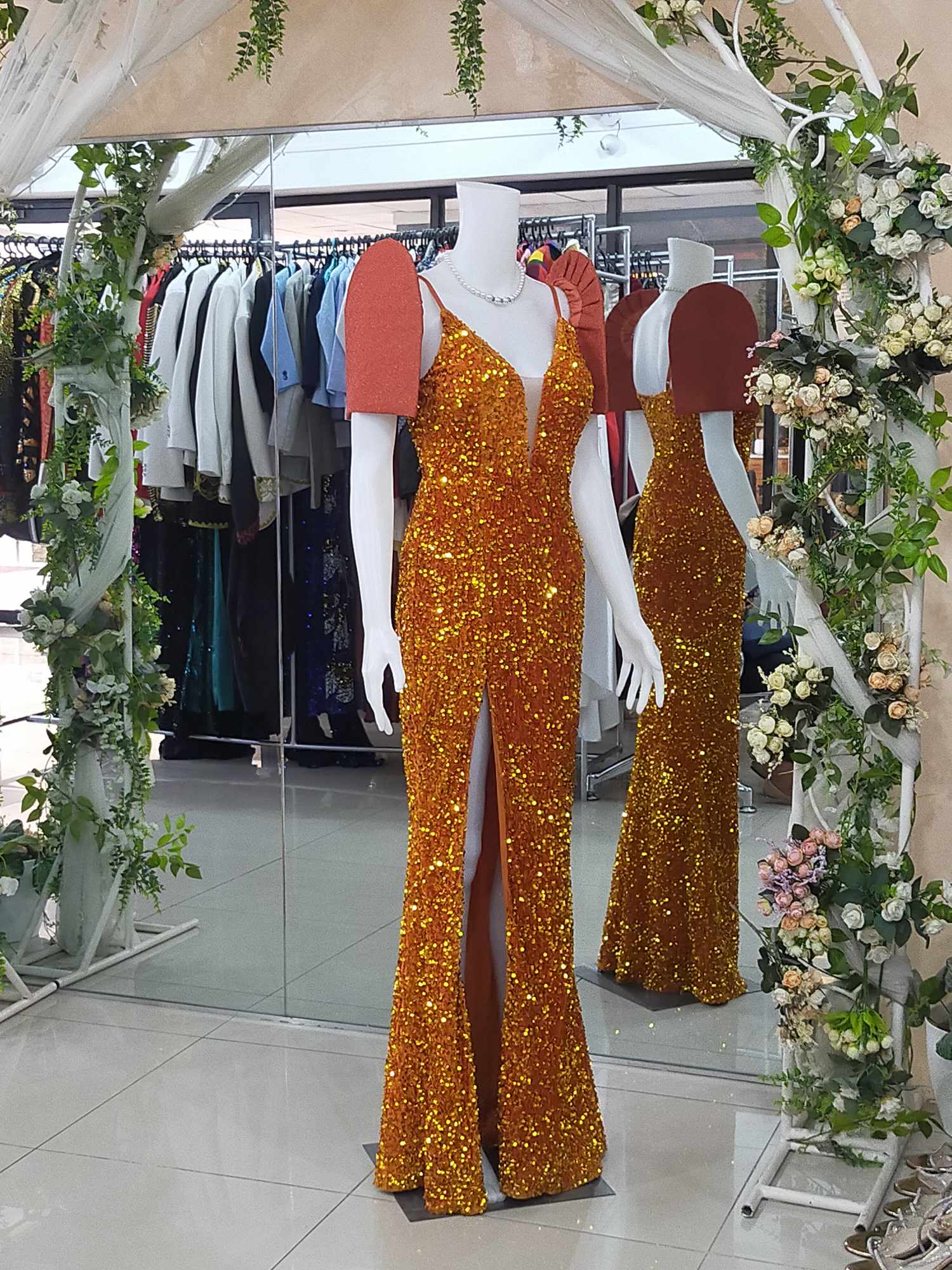 COMBI Rust Candy Sleeves+Orange Full Sequins Glittery Modern Filipiniana Gown