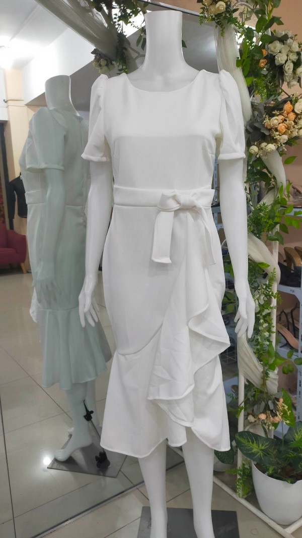 Puff Sleeves Ruffled Skirt White Civil Wedding Cocktail Dress