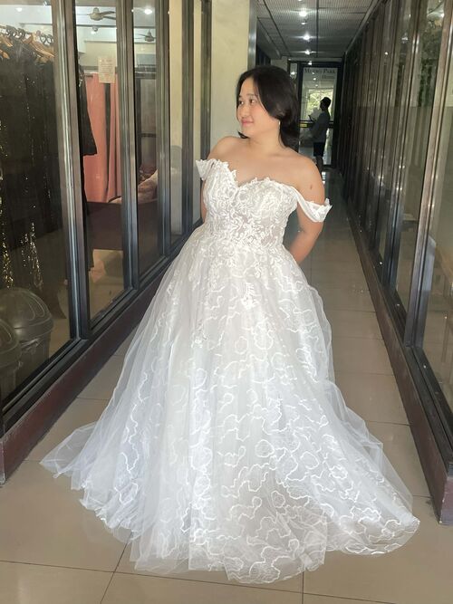 Luxury Off The Shoulder White Stretchy Floral Lace Patchwork Wedding Gown