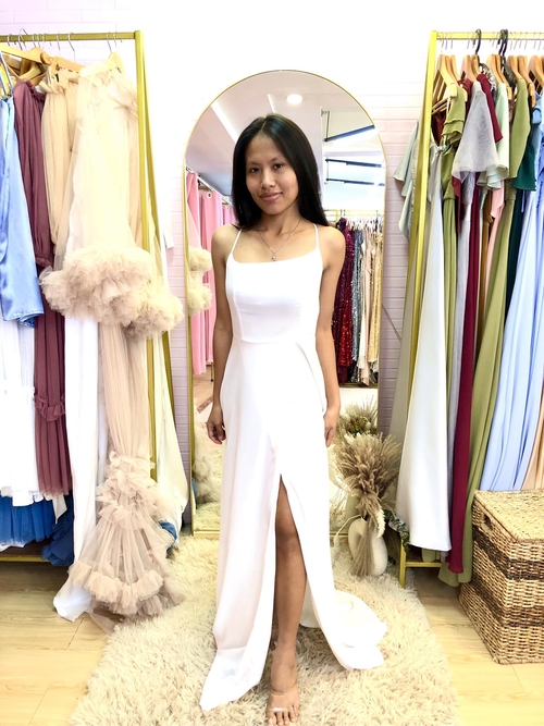 White Crisscross Back Slit Bridesmaid Gown