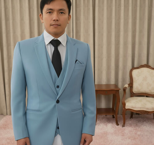 Teal Green With Black Ribbon Pocket With Vest Men Suit