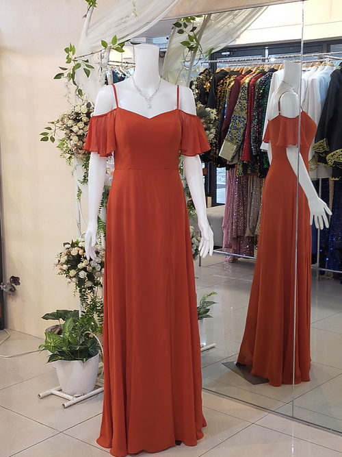 Burnt Orange/Rust Offshoulder Spag Chiffon Slit Bridesmaid Gown