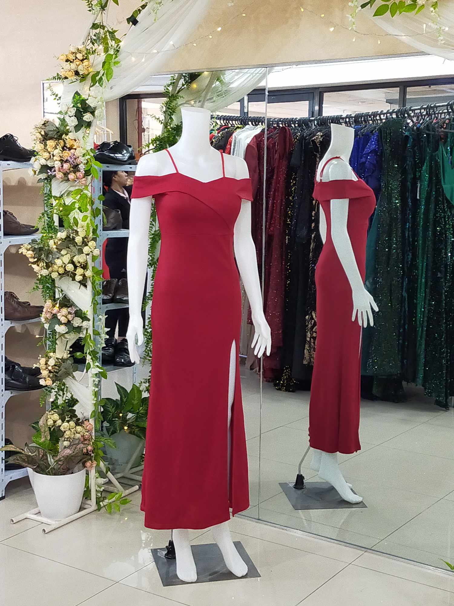 Maroon Offshoulder Spag Strap Slit Gown