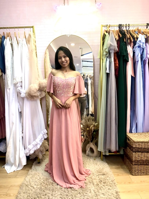 Coral Pink Chiffon Glittery Bridesmaid Gown
