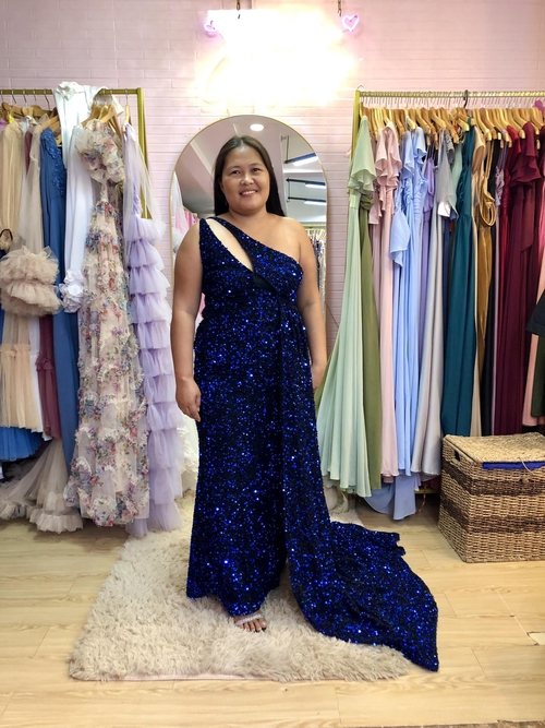 Blue One Shoulder Sequins Glittery Draped Gown