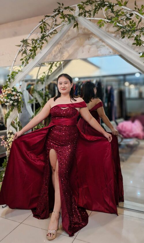 Luvistrue Maroon Sequins Satin Drape Long Gown