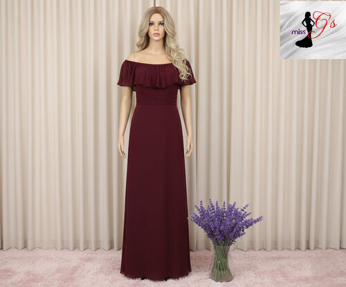 Maroon Offshoulder Chiffon Slit Bridesmaid Gown