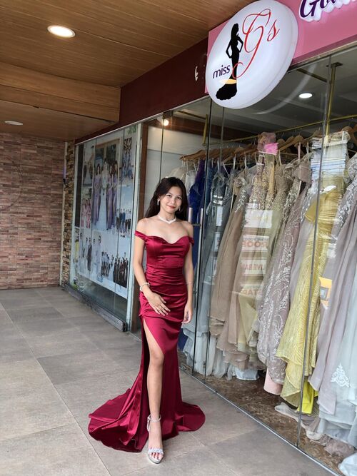  Red Satin Offshoulder Gown
