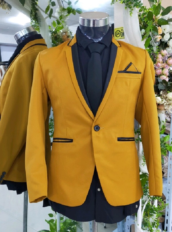 Mustard Yellow One Button With Black Lining Tuxedo Suit Set