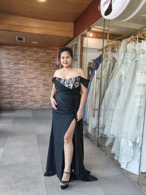 Plus Size Black Lace Panel Stretch Knit Split Long Gown