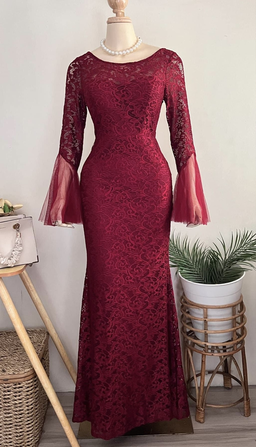 Maroon Lace Mesh Long Gown