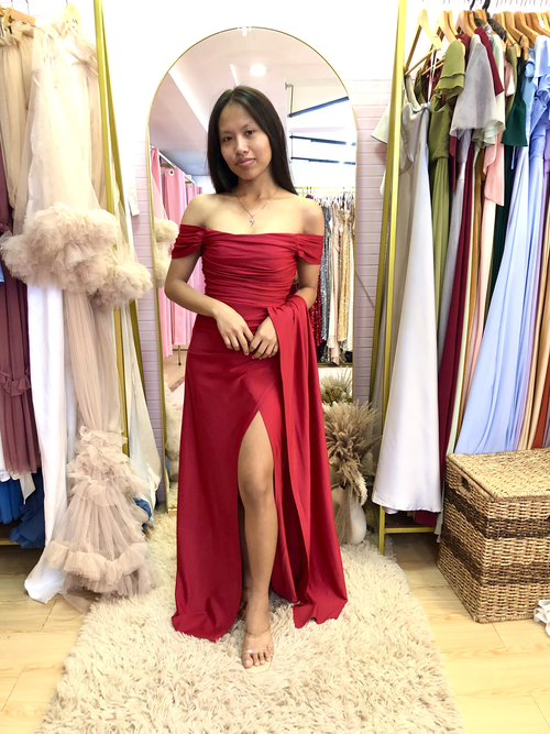 Maroon Red Offshoulder With Slit  Draped Bridesmaid Long Gown