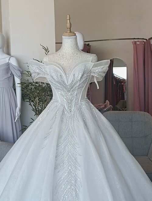 White off shoulder Plunging Neckline Sequins With Beads Wedding Gown