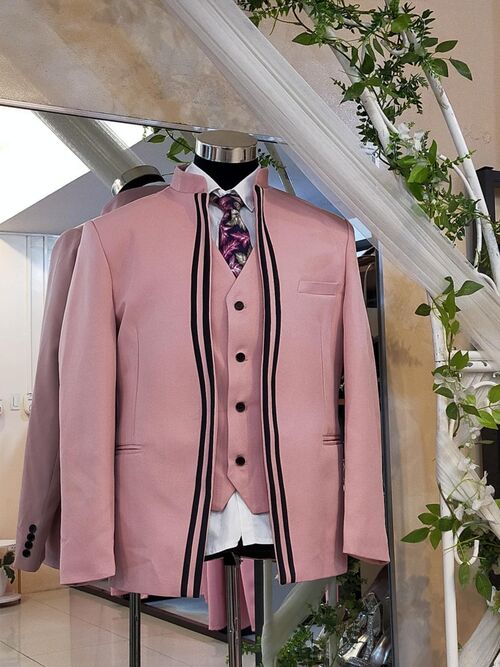 Pink Black Line with Vest Mens Tuxedo Set Suit