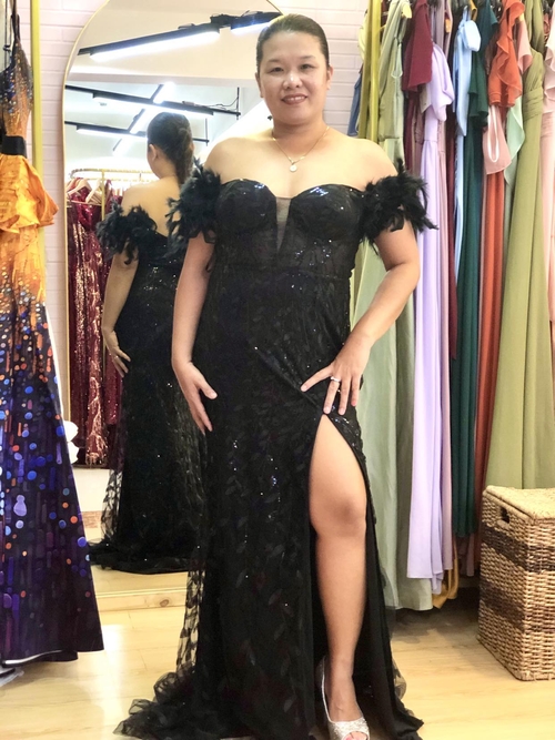 Plus Size Elegant Luxury Black Deep V Neck Feather Decorated Long Gown
