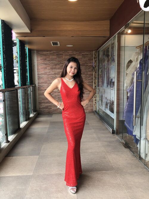 Red Glittery Spag Backless Long Gown