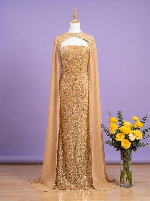 Gold Tube Cloak Sleeve Sequins Glittery Gown