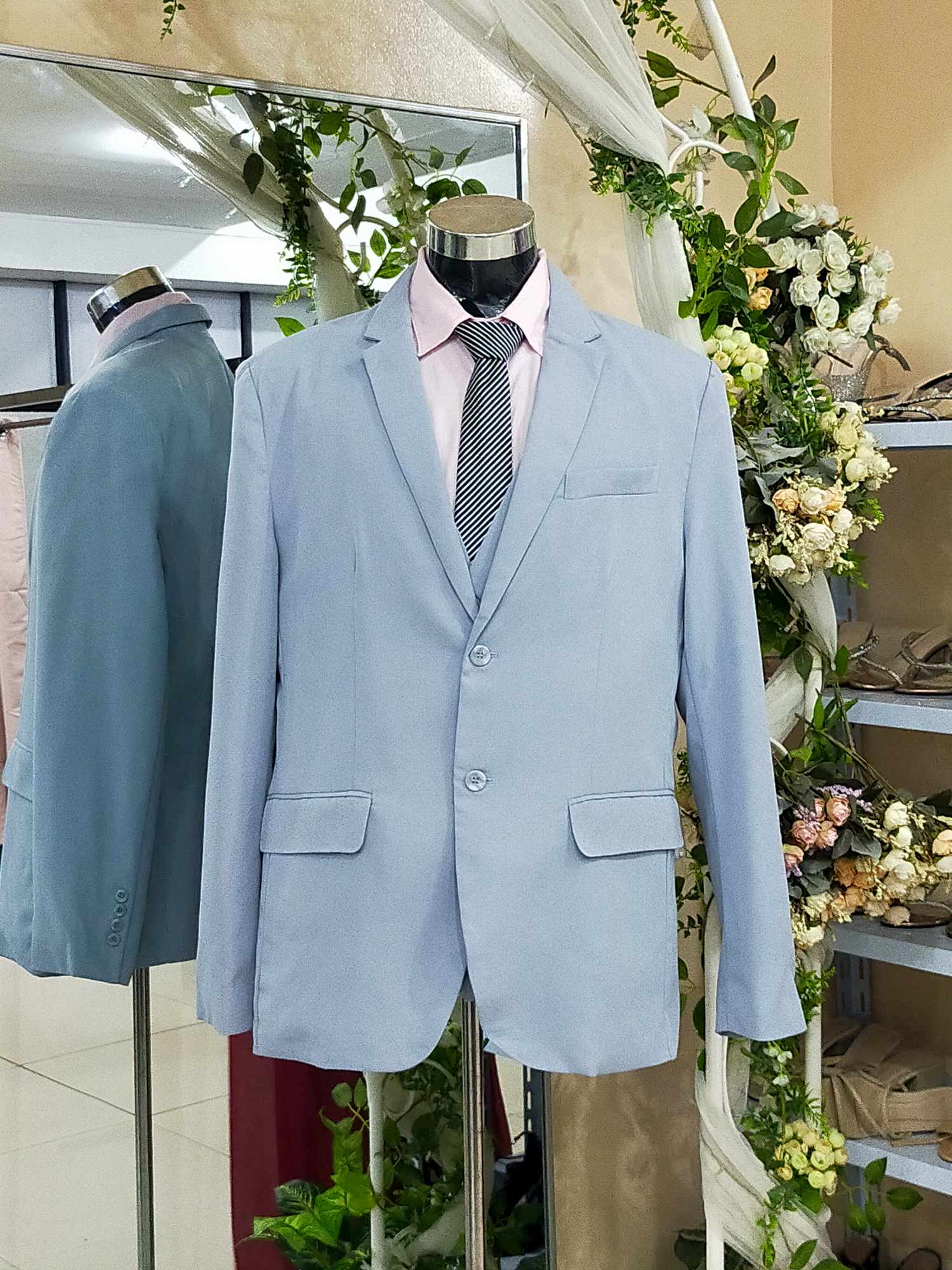 Plus Size Baby Blue With Vest Gray Buttons Suit Tuxedo
