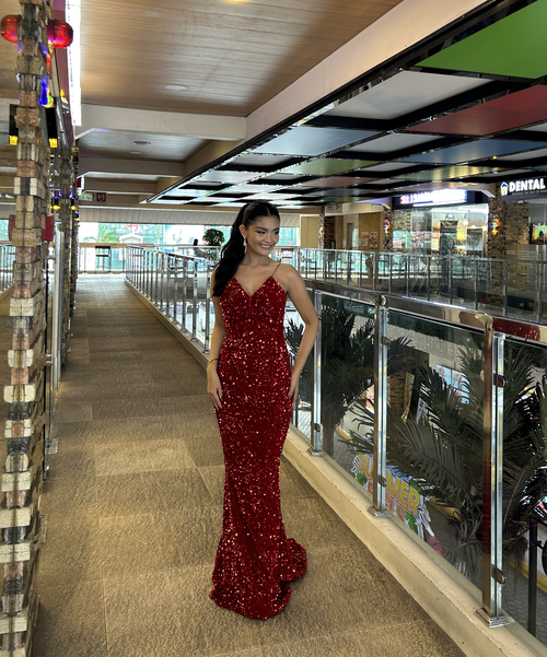 Red Backless Full Sequins Glittery Spag Slit Long Gown