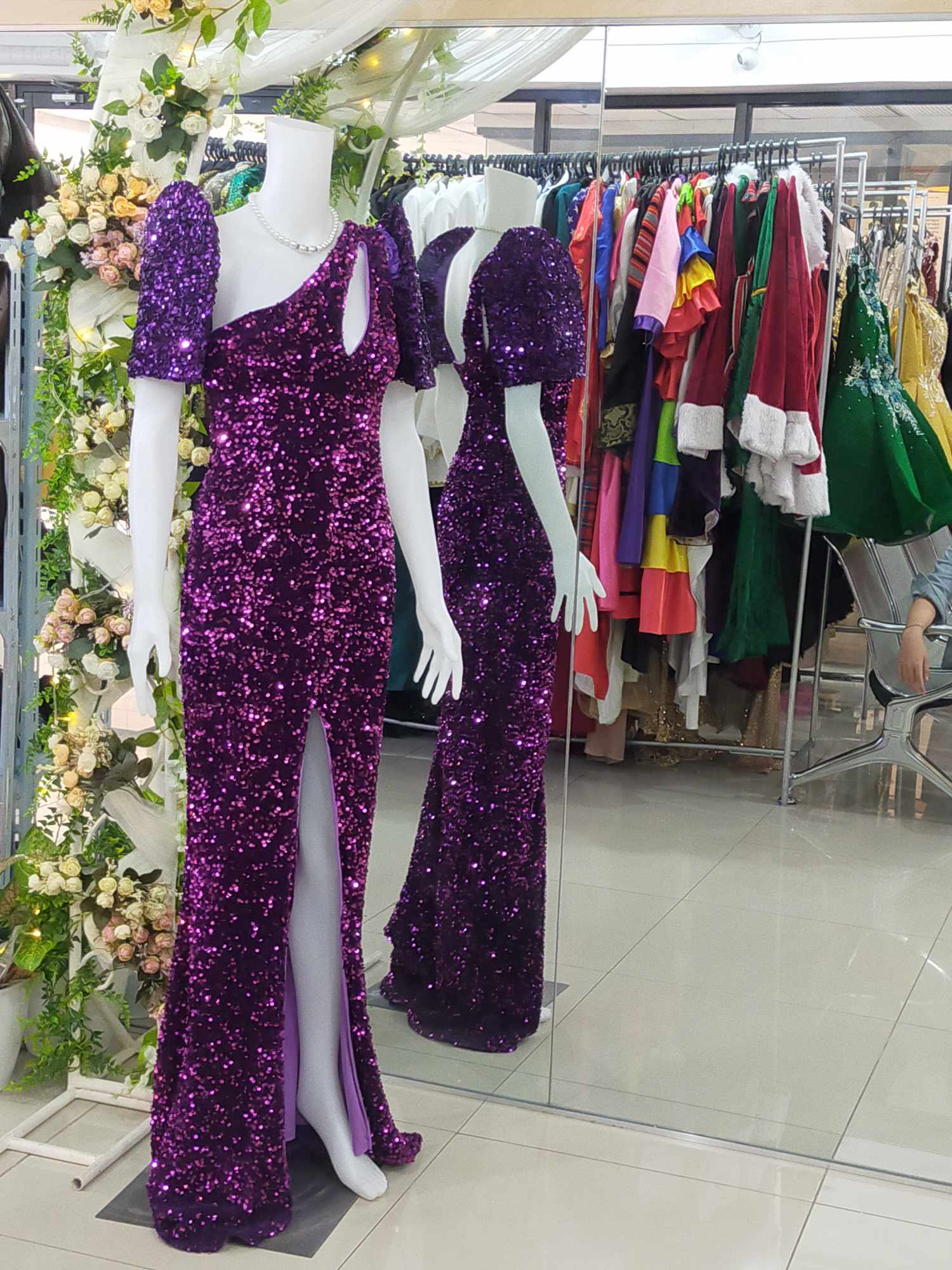COMBI Dark Purple Puff+Purple One Shoulder Modern Filipiniana Gown