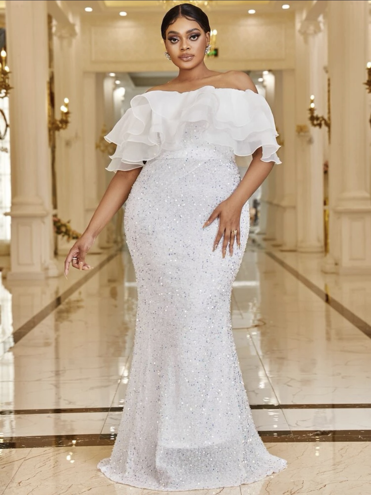 White Plus Size Offshoulder Ruffle Sleeves Mermaid Long Gown