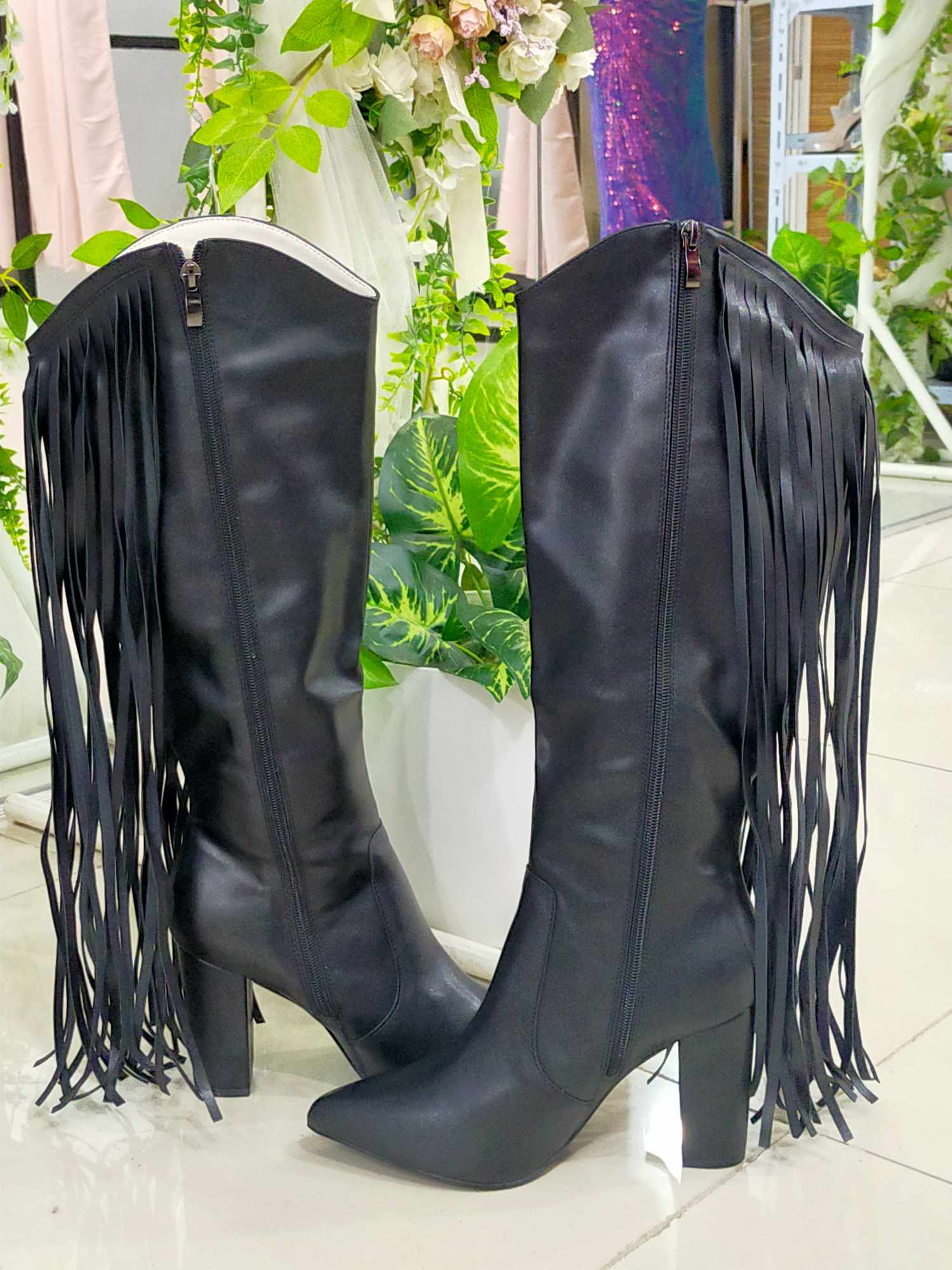 Black Faux Leather Fringe Chunky High Knee Boots