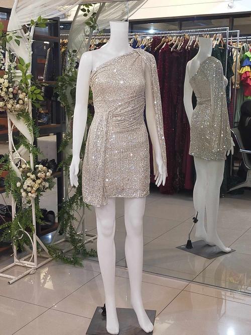 Champagne One Shoulder Split Sleeve Sequins Glittery Cocktail Dress