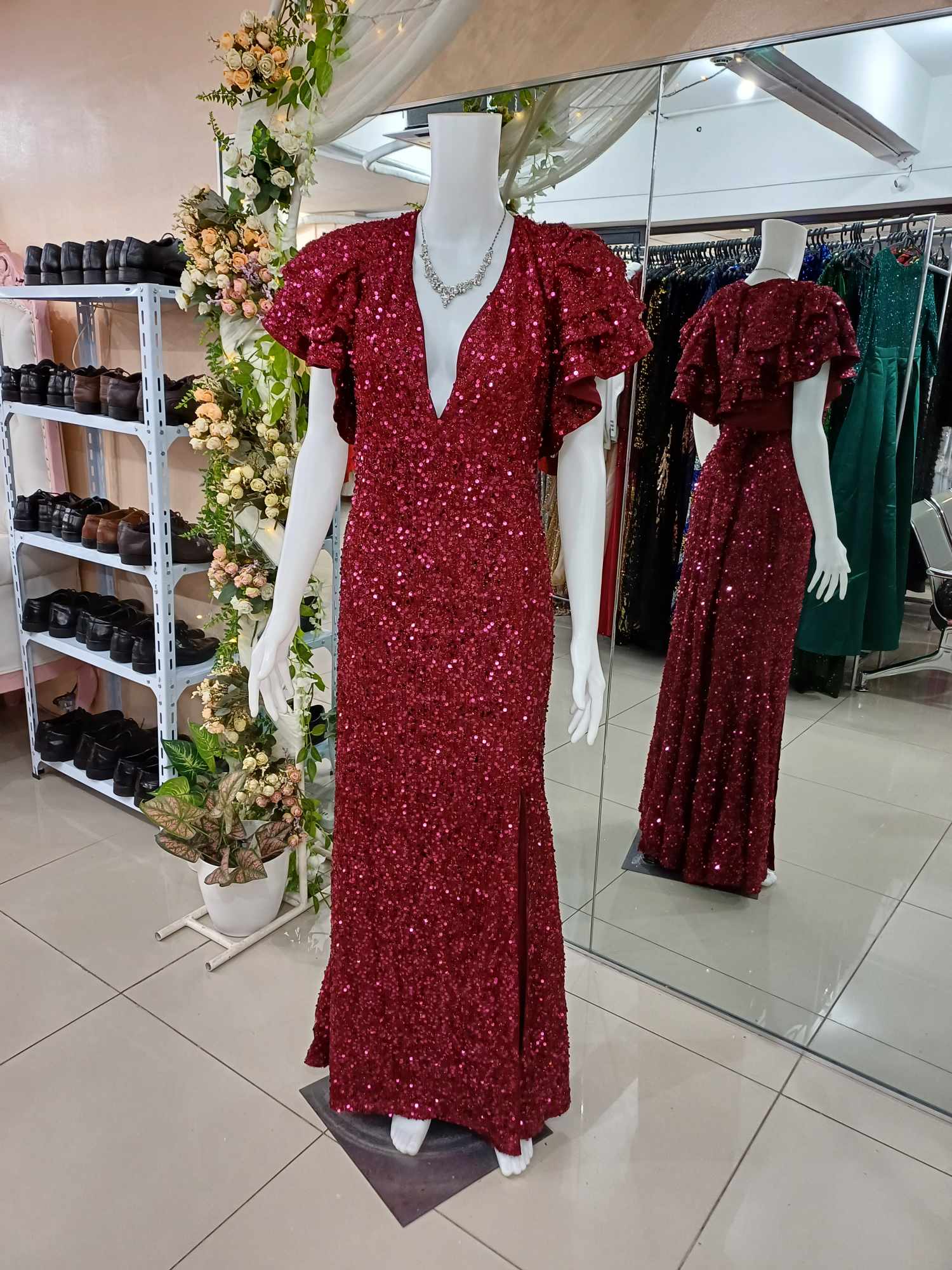 Plus Size Red Sequins Ruffle Slit Sequins Glittery Gown