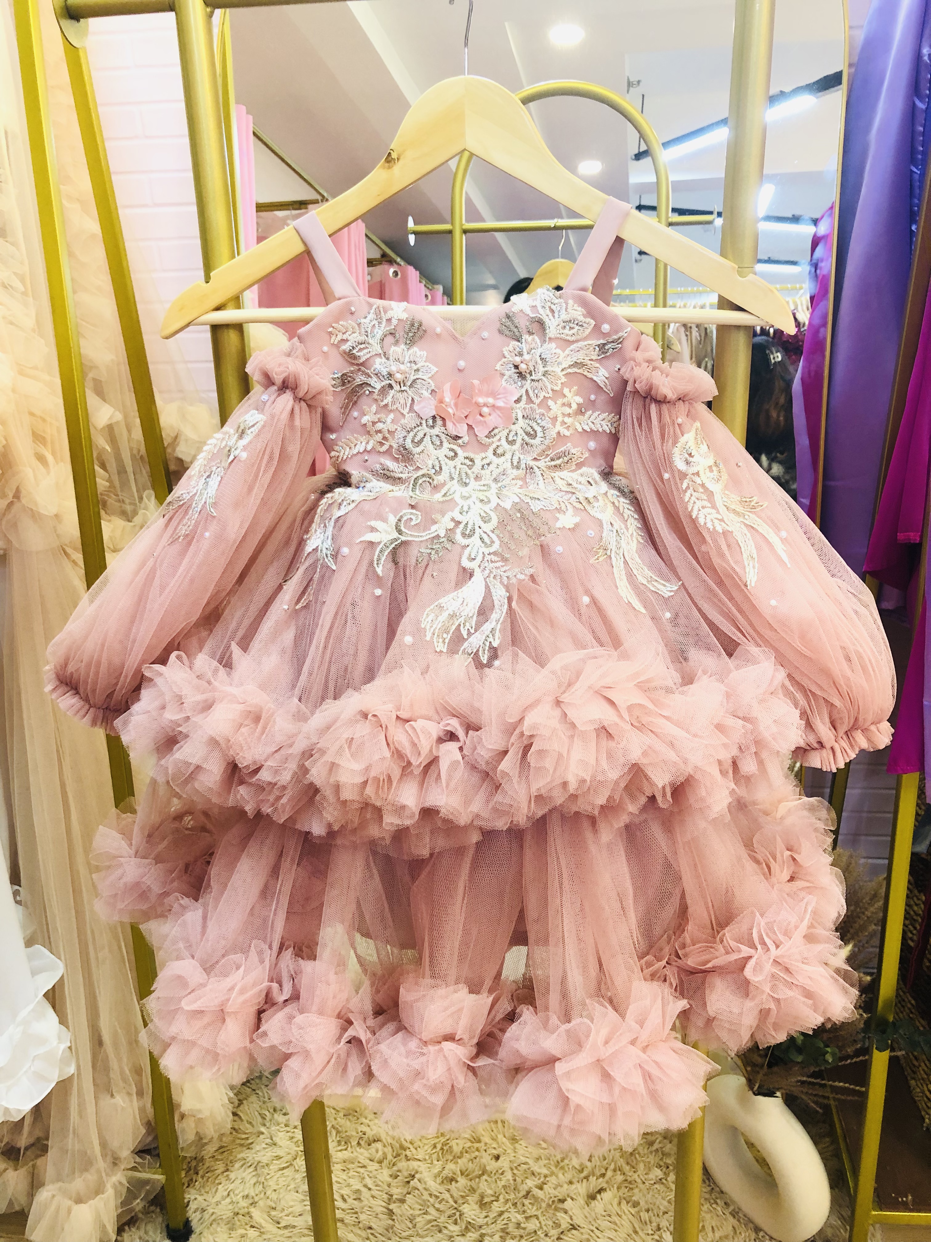 Dusty Rose Puffy Flowery Pearl Long sleeves Gown For Kids