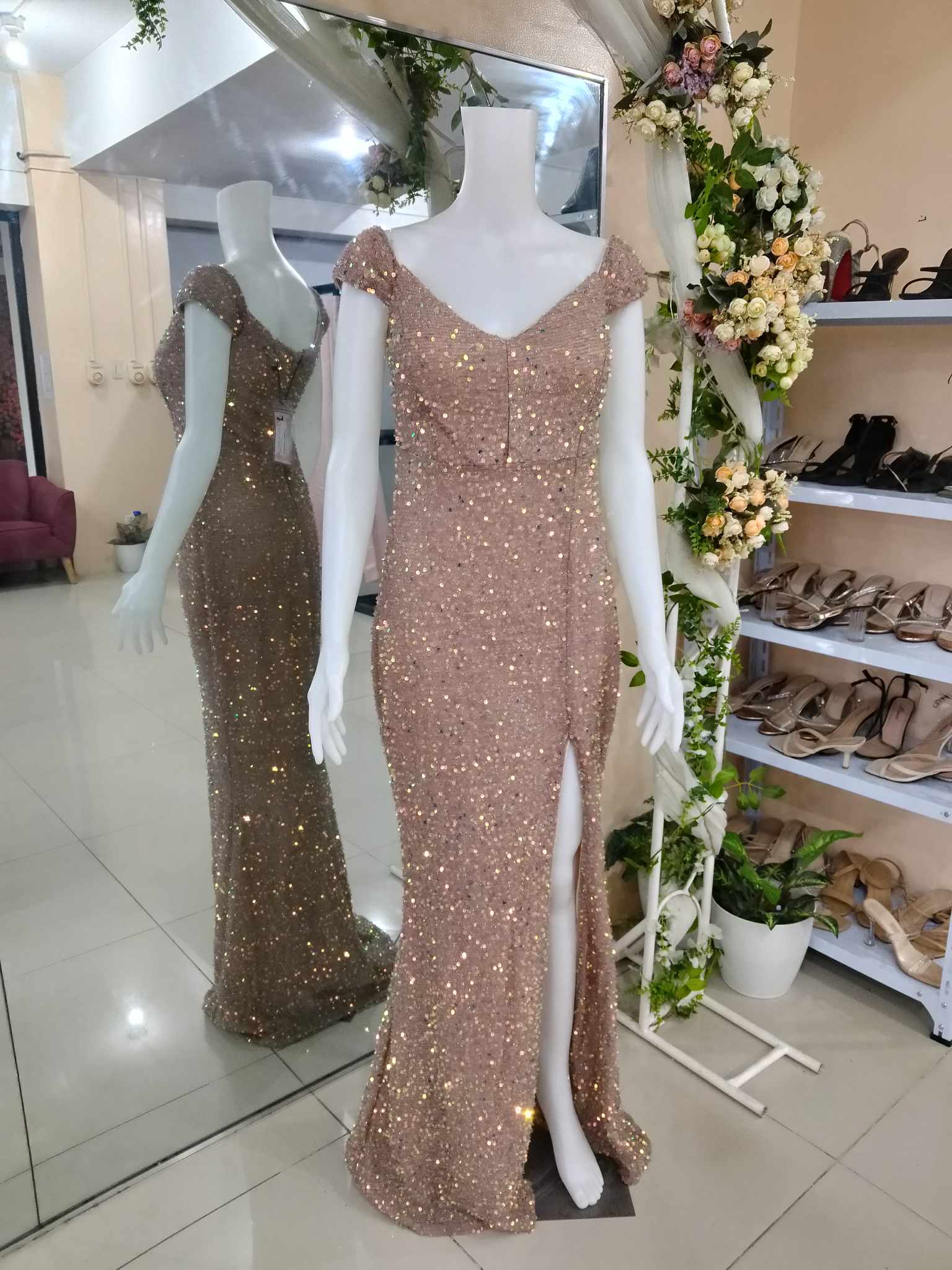 Dusty Pink Offshoulder Sequins Glittery Slit Gown