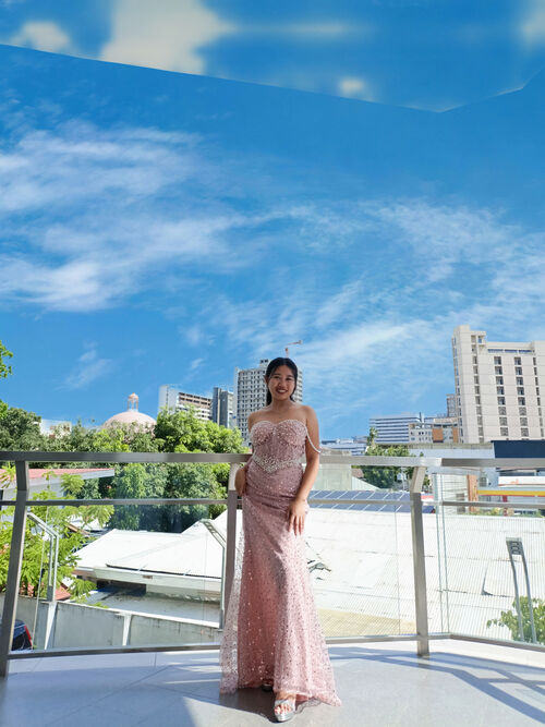 Pink Sequined OffShoulder Corset Gown