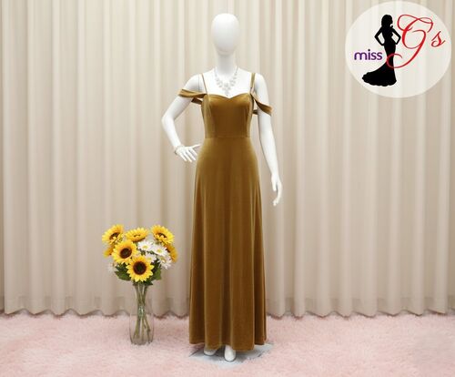 Bridesmaid Gold Velvet Off-Shoulder Slit Long Gown