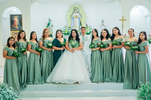 Sage Green Off Shoulder Satin Bridesmaid Gown